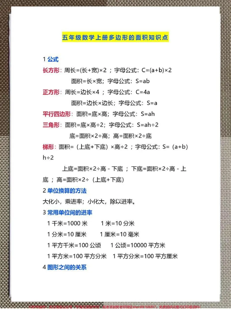 《小学五年级上册多边形的面积知识点。整理了一份小学五年级上册多边形的面积知识点和习题,有完整电子版,需要的家长可以打印下来给孩子学习#五年级数学#学霸秘籍#知识点总结#电子版可打印#小学数学》第1页预览