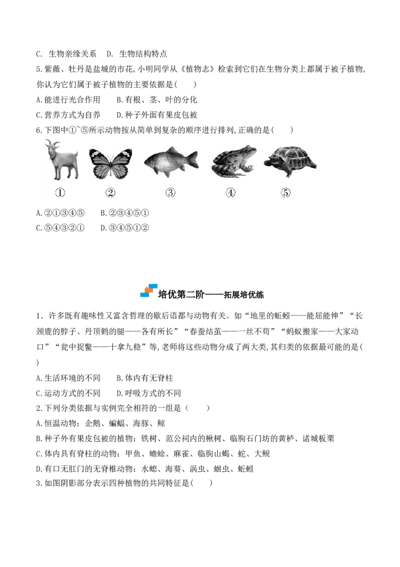 《6.1.1尝试对生物进行分类-2022-2023学年八年级生物上册课后培优分级练（人教版）（原卷版）_初中全科知识点总结和试卷_赠送习题试卷_初中3年学习辅助资料_1、初中学习资料_4-6、生物》第4页预览