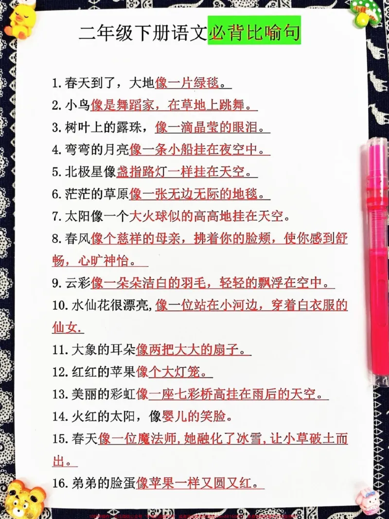 《这份资料是二年级下册语文全册必背的重点。知识,共有14页可供打印。这些知识点都是考试中的常考必考重点,老师强烈推荐大家认真学习。将这些知识点打印出来,让孩子背一背,对提高语文成绩一定会有帮助#二年级语文 #二年级下册语文 #二年级下册 #必考考点#知识点总结》第2页预览
