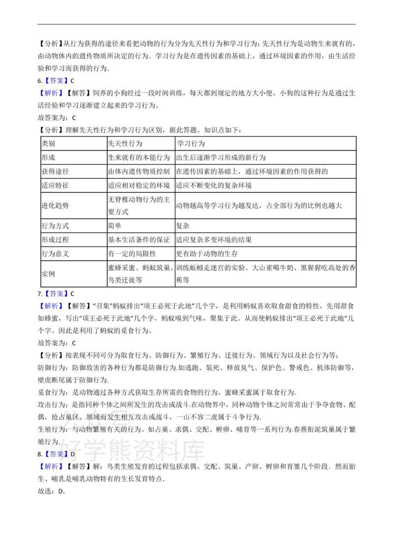《冀少版八年级上册生物4.2动物的行为单元测试（含解析）_初高中资料库_初中资料库（转存避免链接过期失效）_初中生物》第4页预览
