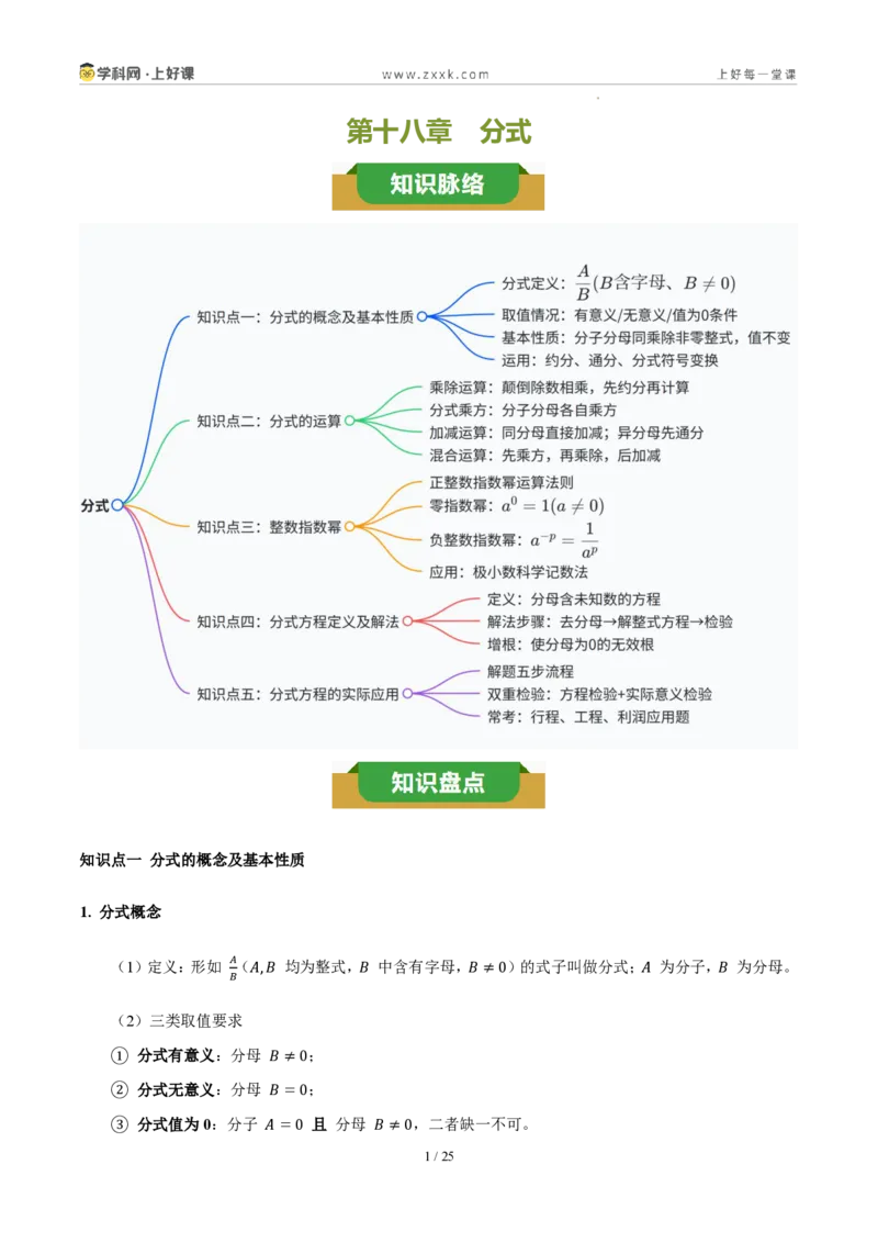 《第十八章分式（五大考点+七大易错+易错训练）（知识清单）（教师版）_2026秋初中教辅合集_2027学科网&_2027新《8上数学•同步备课资料合集》（新教材人教）》第1页预览