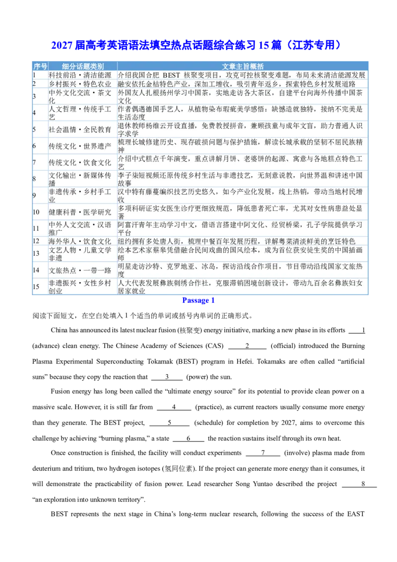 《2027届高考英语语法填空热点话题综合练习15篇（江苏专用）（教师版）_英语(2)_一轮复习_2027年高考英语一轮更新中_82027届高考英语一轮复习重难点专项合集（全国通用）》第1页预览