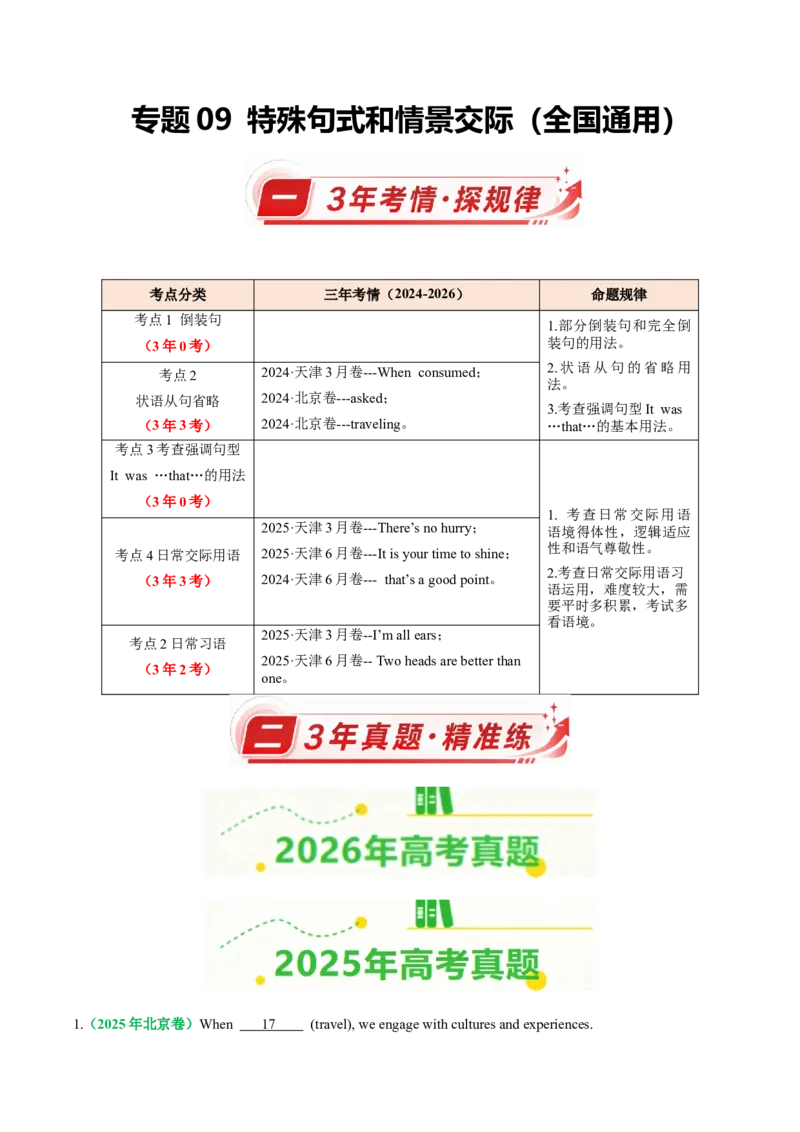《专题09特殊句式和情景交际（全国通用）（学生版）_高考一二三轮复习_英语_2027年高考英语专项更新中_三年（2024-2026）高考英语真题分类汇编（全国通用）-C420》第1页预览
