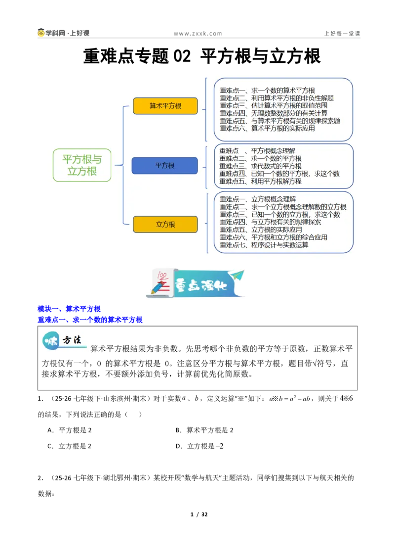 《重难点专题02平方根与立方根（学生版）_2026秋初中教辅合集_2027学科网&_2027新《8上数学•同步备课资料合集》（新教材北师大）_2027新《8上数学•重难点专题》（新教材北师）》第1页预览