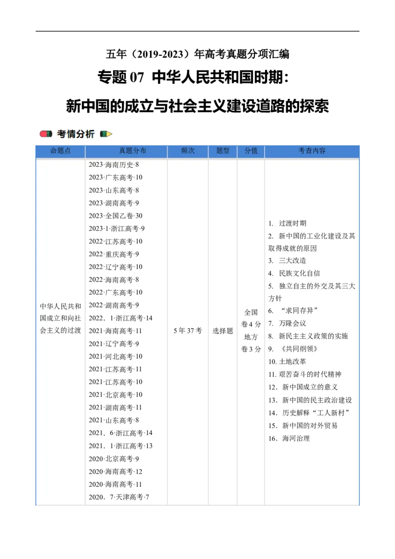 《专题07中华人民共和国时期：新中国的成立与社会主义建设道路的探索（原卷版）_初高中资料库_高中资料库（转存避免链接过期失效）_高中历史》第1页预览