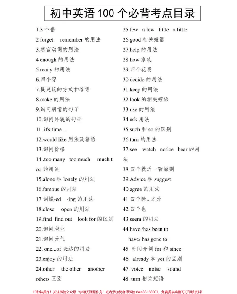 《初中英语100个考点，感觉真的挺有用的笔记，给你们背一下#英语#知识点总结#必考考点#每天学习一点点_最新小学1-9年级各科+幼升小+综合类学习资源汇总包》第1页预览