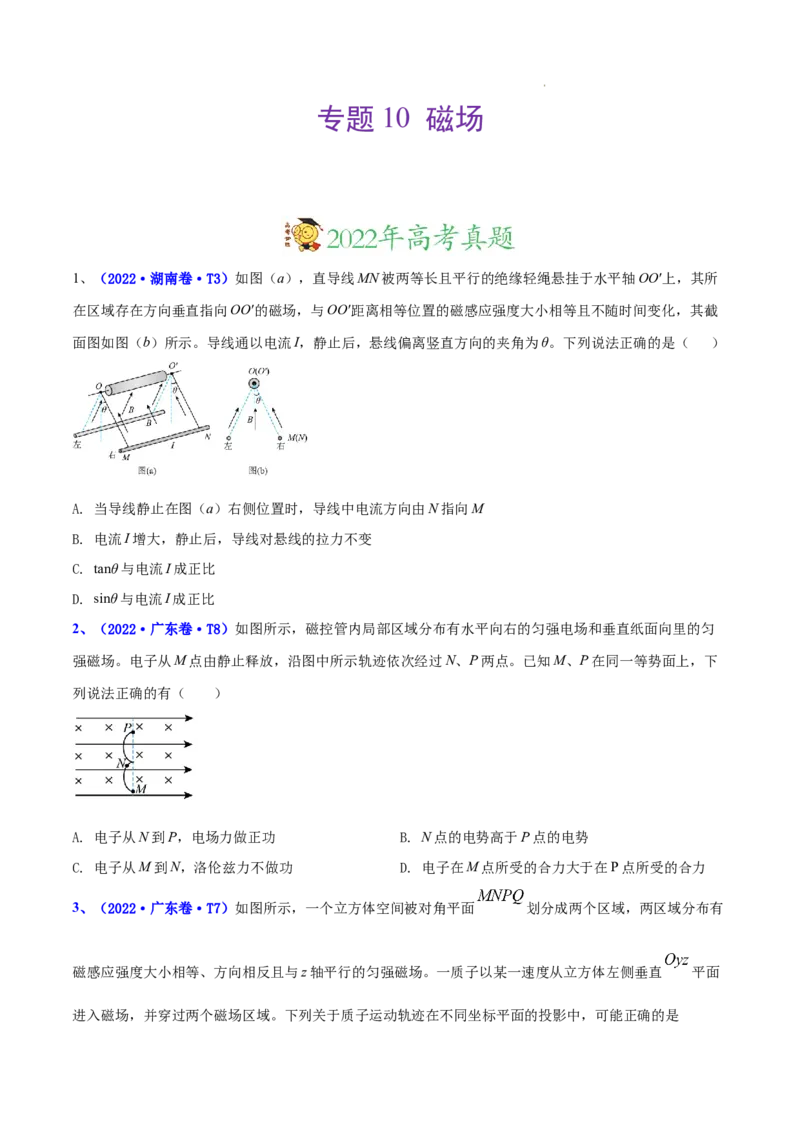 《专题10磁场-三年（2020-2022）高考物理真题分项汇编（全国通用）（原卷版）_初高中资料库_高中资料库（转存避免链接过期失效）_高中物理》第1页预览