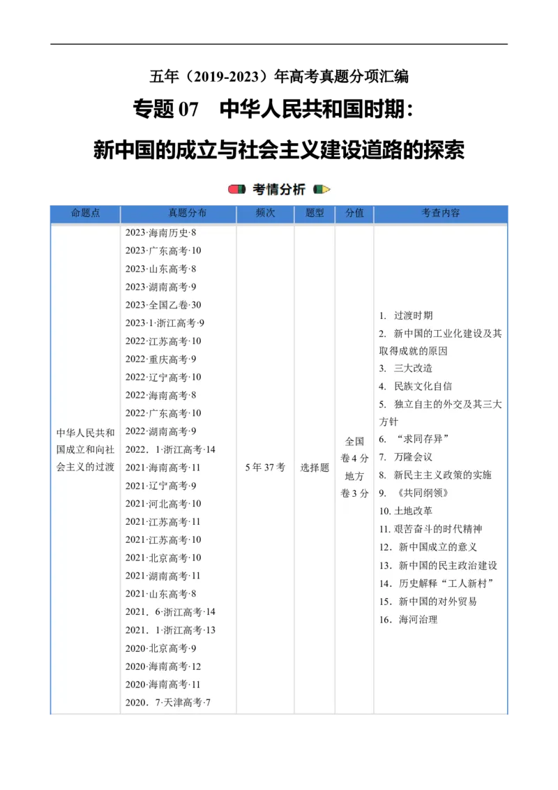 《专题07中华人民共和国时期：新中国的成立与社会主义建设道路的探索（解析版）_初高中资料库_高中资料库（转存避免链接过期失效）_高中历史》第1页预览