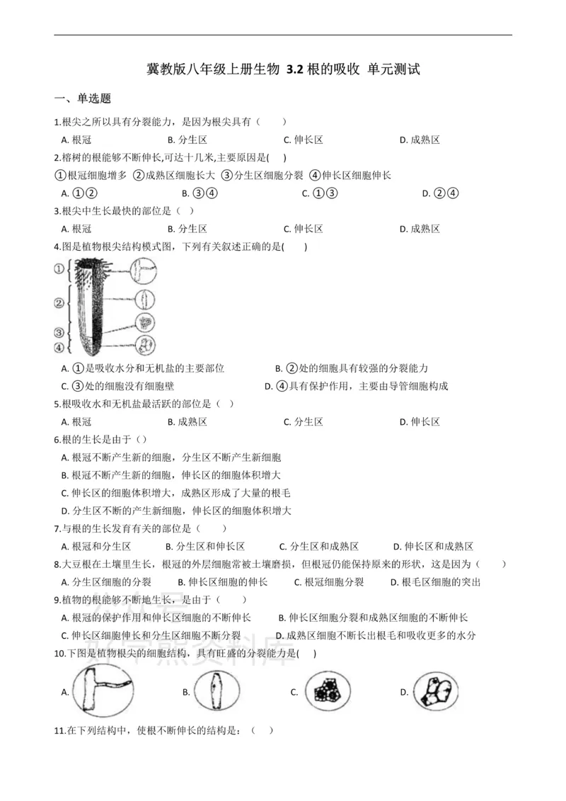 《冀少版八年级上册生物3.2根的吸收单元测试（含解析）_初高中资料库_初中资料库（转存避免链接过期失效）_初中生物》第1页预览