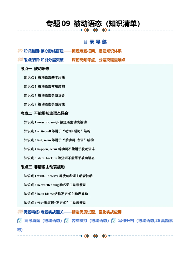 《专题09被动语态（全国通用）（背诵版）_高考一二三轮复习_英语_2027年高考英语一轮更新中_2027年高考英语一轮复习知识清单（全国通用）-G56_2027版》第1页预览
