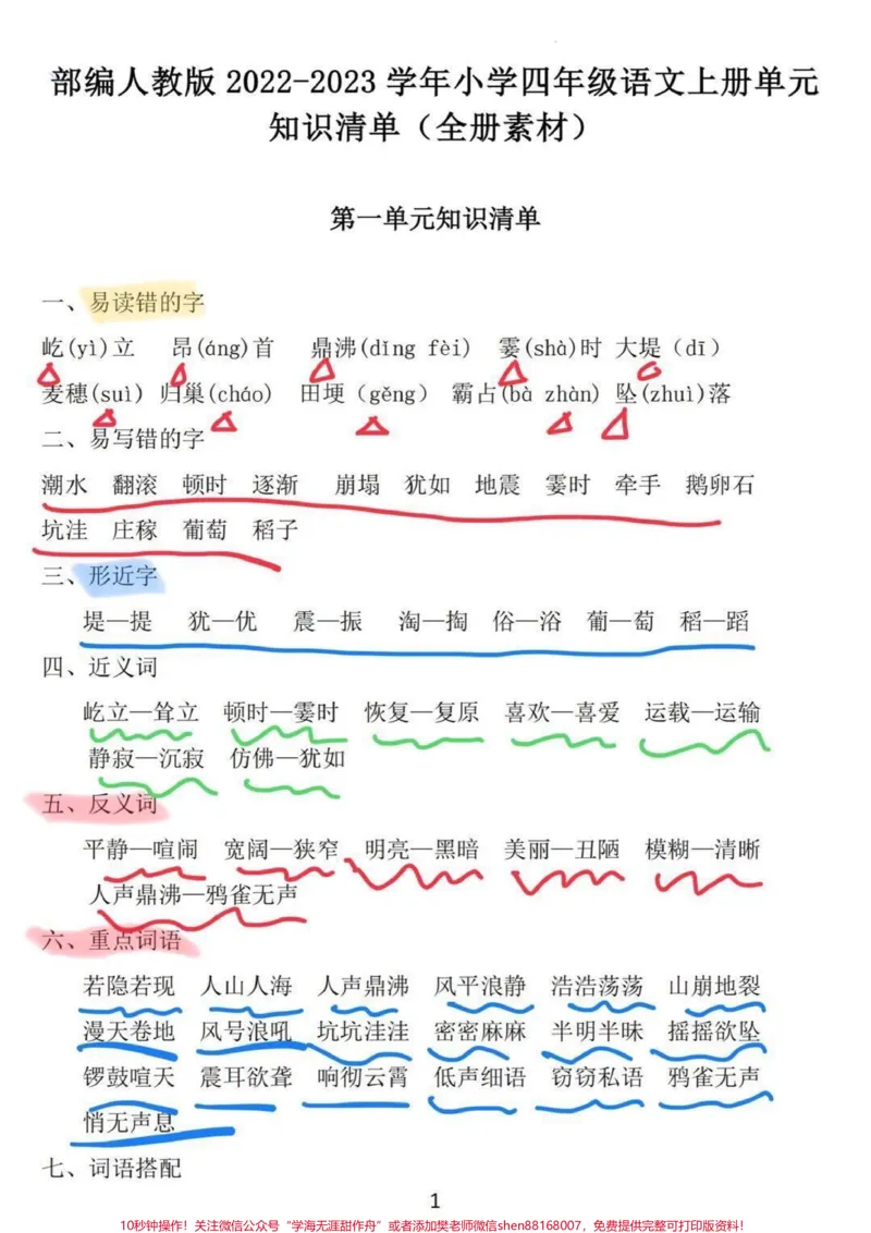 《总复习！四年级语文上册1-8单元重点知识。四年级语文上册1-8单元知识清单，重点哦，有完整电子版26页。打印出来复习吧！#四年级语文上册#语文考点#小学语文#知识点总结#期末复习》第1页预览