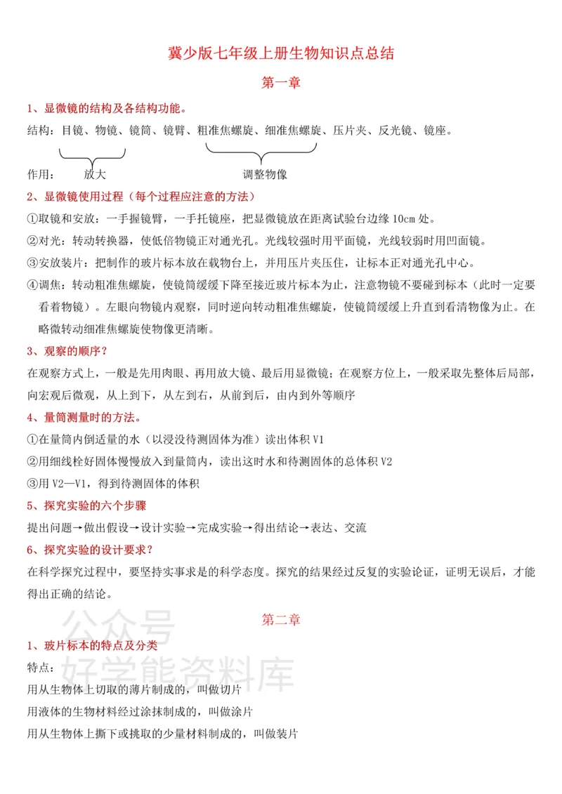 《冀少版七年级上册生物知识点总结_初高中资料库_初中资料库（转存避免链接过期失效）_初中生物》第1页预览