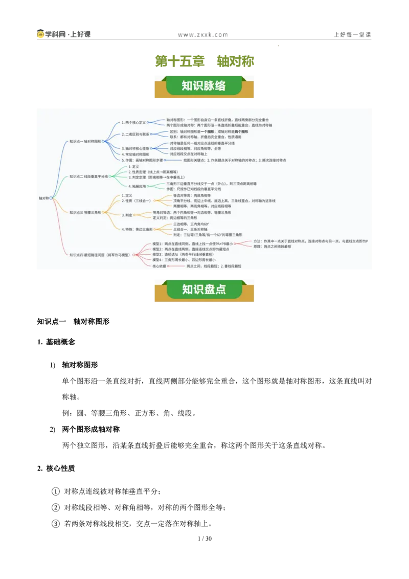 《第十五章轴对称(四大考点+五大易错+易错训练)(知识清单)(教师版)_2026秋初中教辅合集_2027学科网&_2027新《8上数学•同步备课资料合集》(新教材人教)》第1页预览