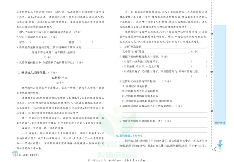 《黄冈名卷六年级下册语文部编版_07.小学语文、英语、数学专区_1~6年级全册黄冈名卷_6年级黄冈名卷_下册语文》第7页预览
