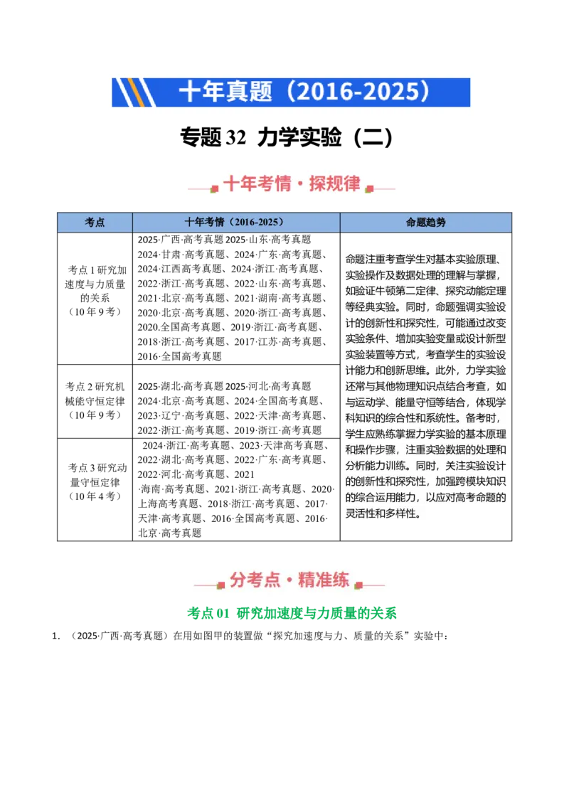 《专题32力学实验（二）（全国通用）（教师版）_高考一二三轮复习_物理_2026年-物理高考专项复习_十年（2016-2025）高考物理真题分类汇编（全国通用）-G15》第1页预览