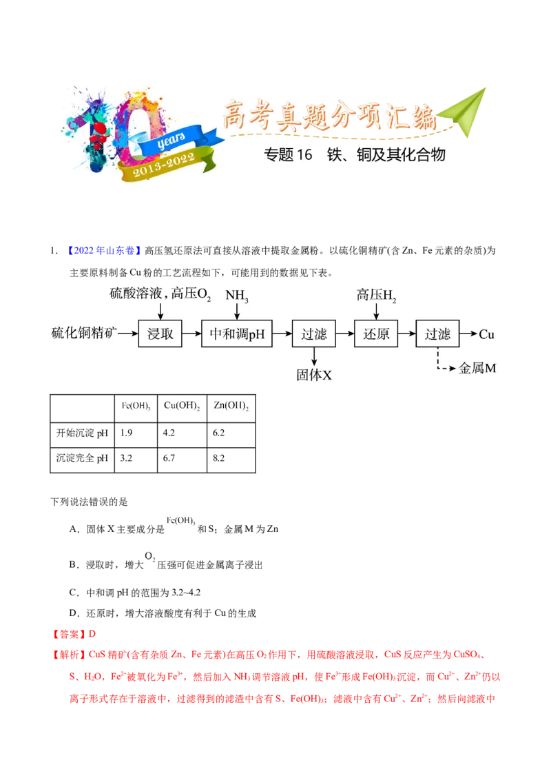 《专题16铁、铜及其化合物（教师版）_初高中资料库_高中资料库（转存避免链接过期失效）_高中化学》第1页预览