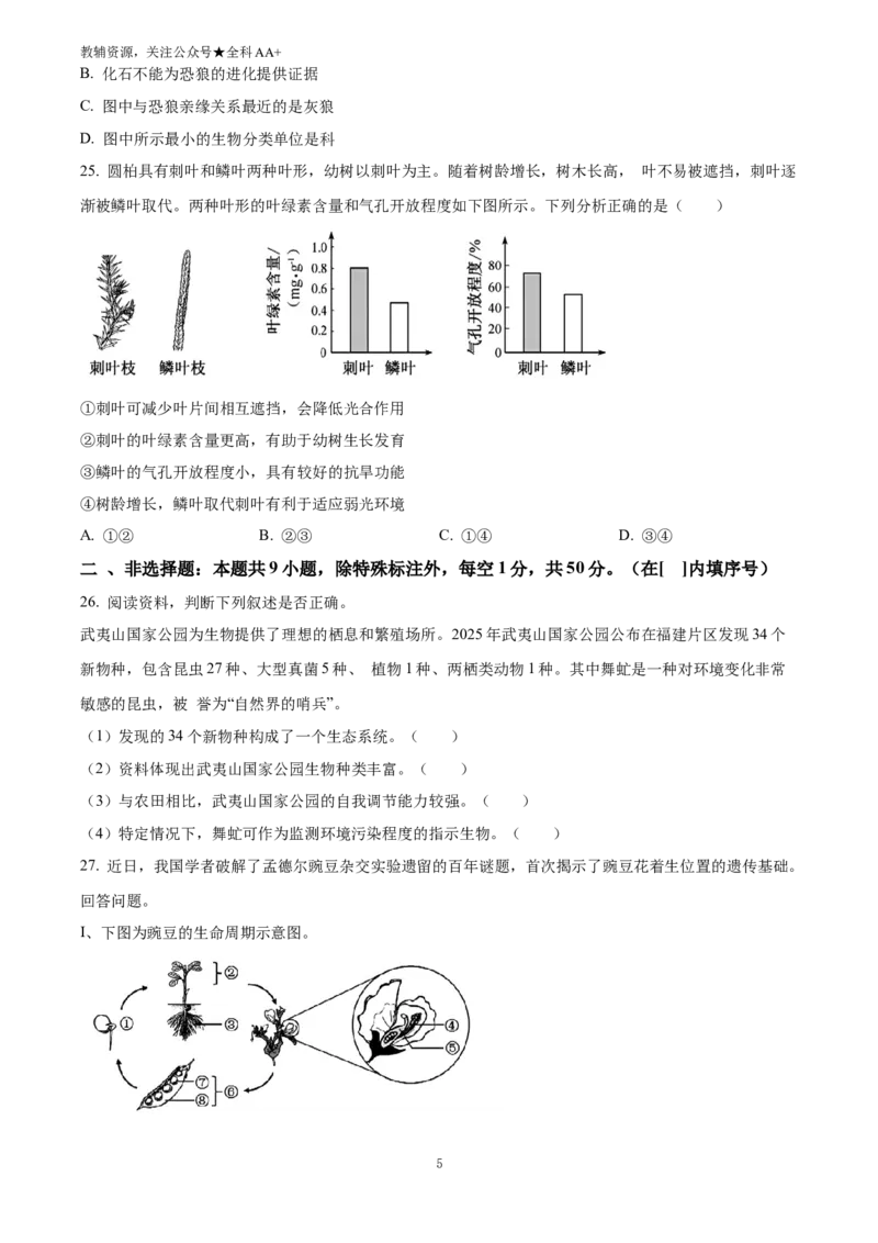 《2025福建省中考生物真题(原卷版)_历年中考真题2013-2025_初中生物历年中考真题（2015-2025）_2025年全国中考真题_2025福建省中考生物真题》第5页预览