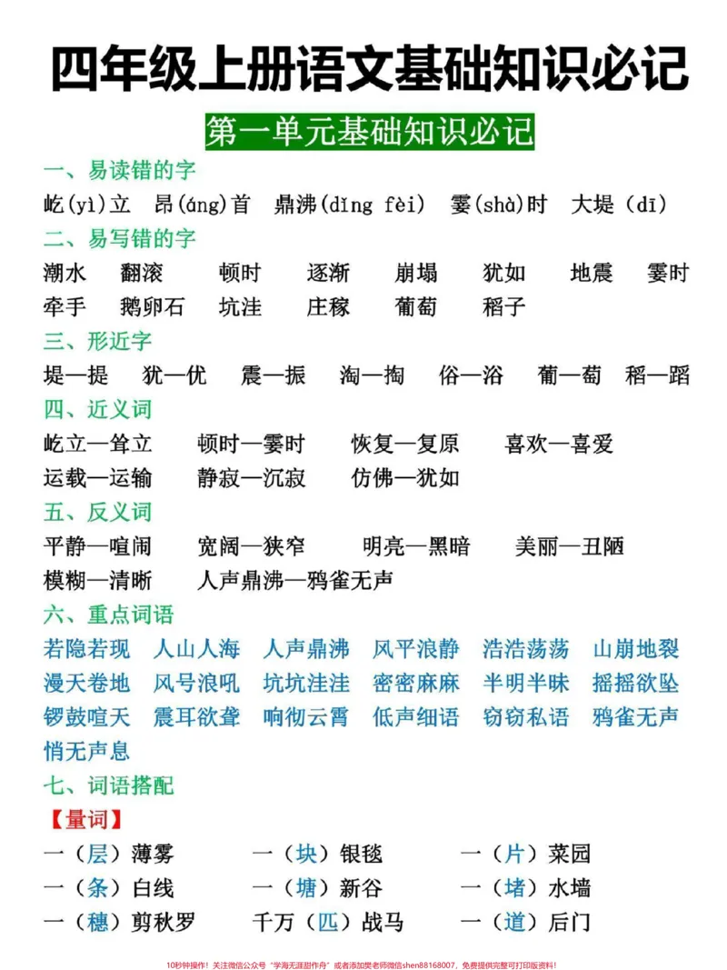 《四年级上册语文各单元必记基础知识汇总。#四年级#四年级语文#四年级上册语文#小学语文#小学语文知识点_最新小学1-9年级各科+幼升小+综合类学习资源汇总包》第1页预览