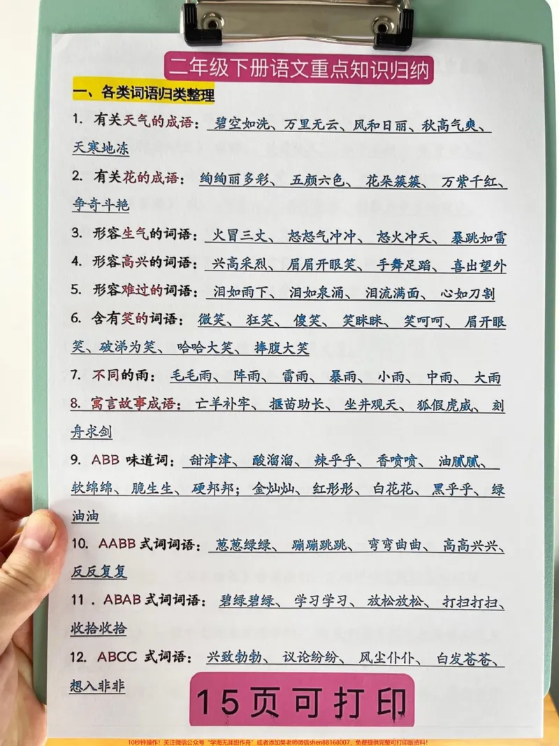 《这份二年级下册语文必背重点知识点共有15。页,可供打印使用。其中包含了重点词语、课文重点内容、说明道理等必背内容。只有深入掌握这些内容,才能在考试中取得好成绩,冲刺98+。建议家长打印出来,让孩子学习背诵。#二年级语文下册#知识点总结#必考考点#二年级语文#词语积累。》第2页预览