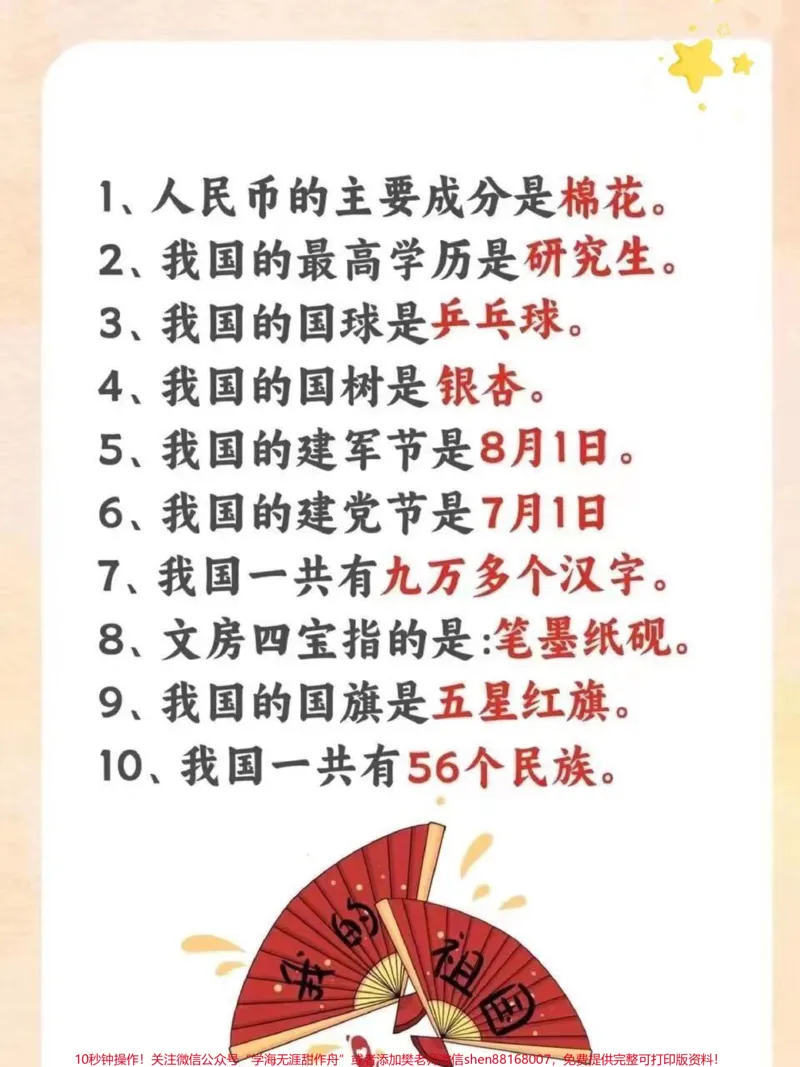 《小学生必须知道的40个关于祖国的小常识。要上小学的,和已经上小学的,必须知道的40个关于祖国的小常识#一定要让孩子知道的常识#小学常识#每天学习一点点#学习资料分享#关注我持续更新小学知识》第1页预览