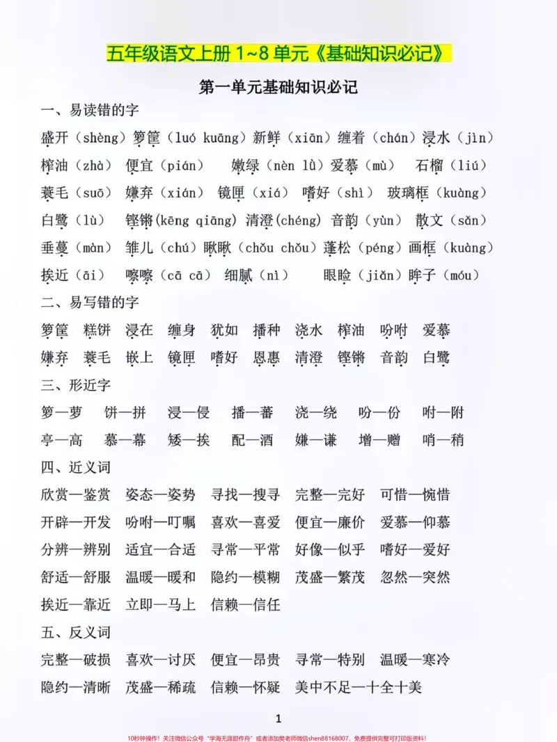 《五年级语文上册1-8单元基础知识必背。#关注我持续更新小学知识#知识点总结#暑假预习#小学语文#五年级语文上册@qunju888.com小助手@qunju888.com热点@qunju888.com创作者中心》第1页预览