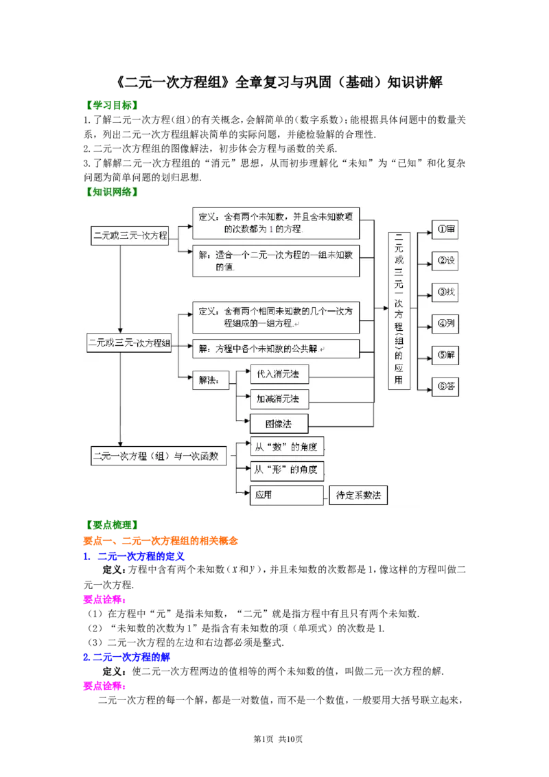 《《二元一次方程组》全章复习与巩固(基础)知识讲解_初高中资料库_初中资料库（转存避免链接过期失效）_初中数学》第1页预览