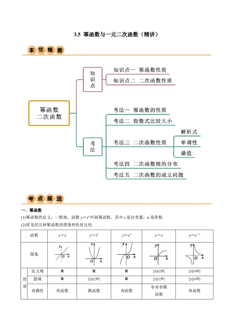 《3.5幂函数与一元二次函数（精讲）（教师版）_数学_一轮复习_2024年_2024年高考数学一轮复习考点思路点拨考法解读概况_资料》第1页预览